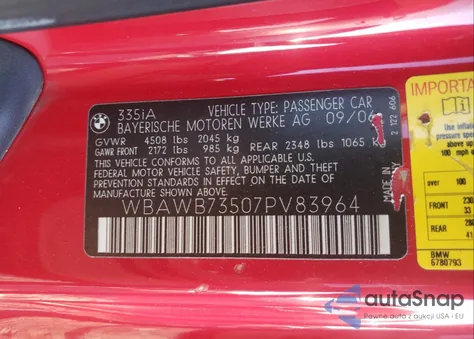 2007 BMW 335 I из США, поврежденный, VIN WBAWB73507PV83964